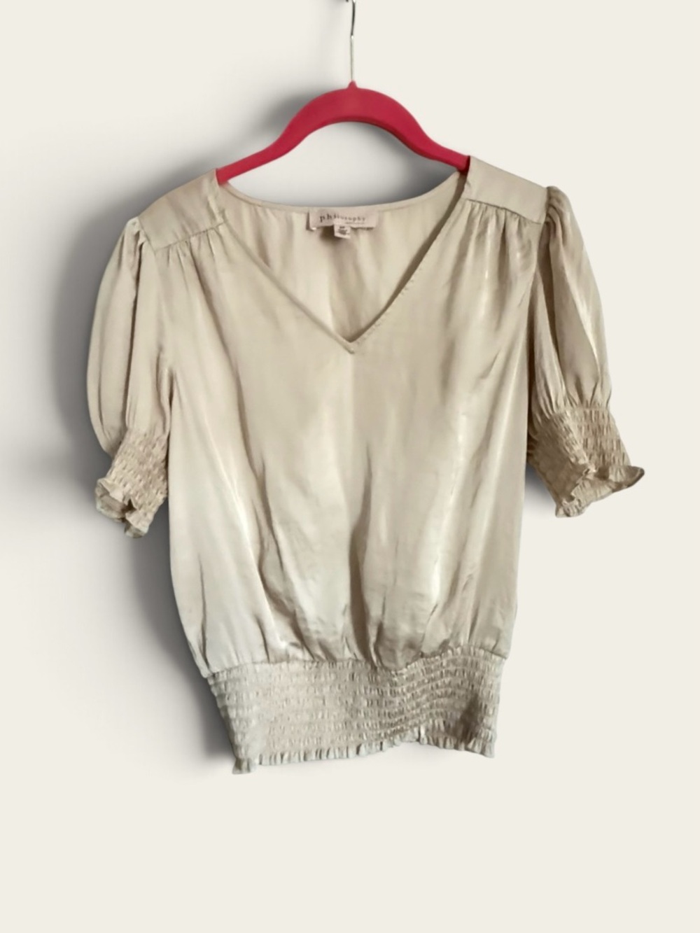Philosophy Ivory V-Neck Puff Sleeve Smocked Hem Blouse Size S/P